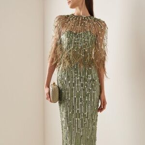Pamella Roland Size 2 Cape-Detailed Sequined Gown (Green)